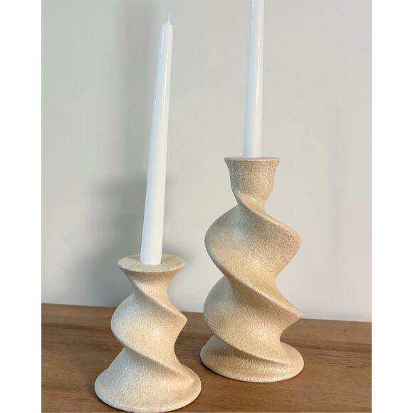 Set of 2 Modern Spiral Candle Holders Textured Beige Plastic Taper Holders - Picture 5 of 5